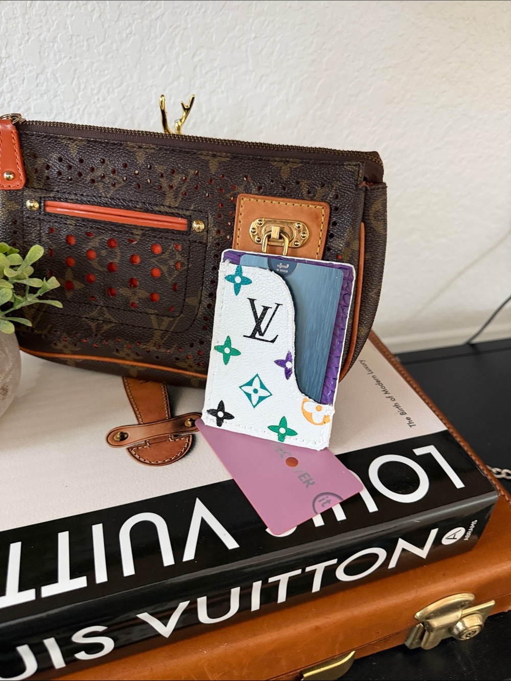 Upcycled Louis Vuitton White Multicolor Monogram/leather Card Holder